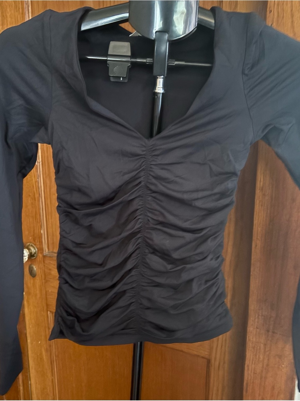 Maeve (Anthropologie) Ruched V-Neck Long Sleeve Top — Black, XXS